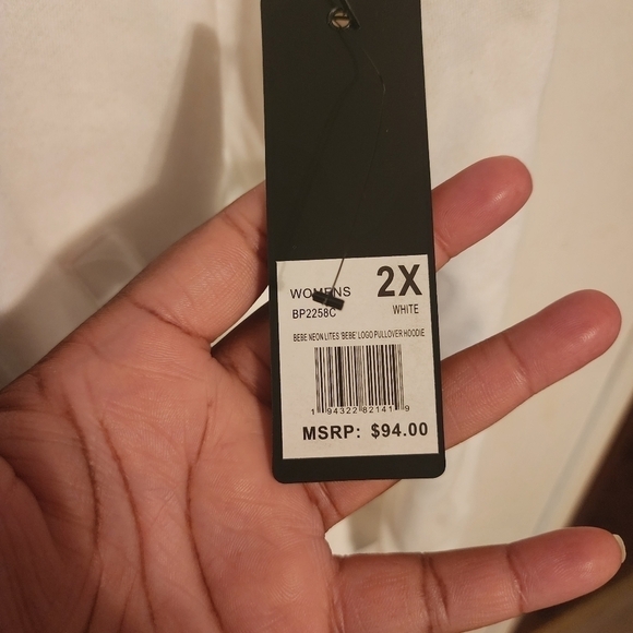 Bebe Neon Lites Logo Pullover Hoodie Sz 2X White Thumbholes NWT(2 tiny blk dots) - Picture 8 of 13